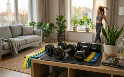 Естетичне зберігання фітнес-аксесуарів BeSport (регульовані гантелі, еспандери, ролик) на відкритій полиці вітальні як приклад домашнього спортзалу