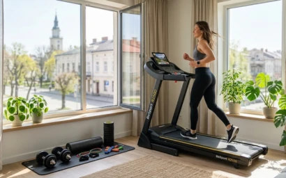 Жінка тренується на компактній біговій доріжці BeSport біля відкритого вікна у затишній вітальні. Приклад облаштування домашнього спортзалу