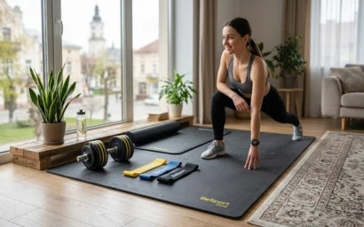 Темний фітнес-килимок BeSport на дерев'яному паркеті вітальні як приклад візуального зонування для домашнього спортзалу