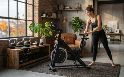 Чорний матовий велотренажер BeSport із жовтими та сріблястими акцентами інтегрований у лофт-інтер'єр вітальні. Приклад облаштування домашнього спортзалу