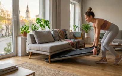 Жінка легко ховає компактну бігову доріжку BeSport під низький диван у затишній вітальні. Приклад облаштування домашнього спортзалу